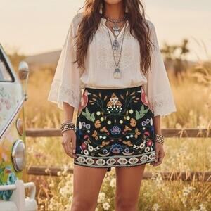 Umgee Black Embroidered Mini Skirt medium